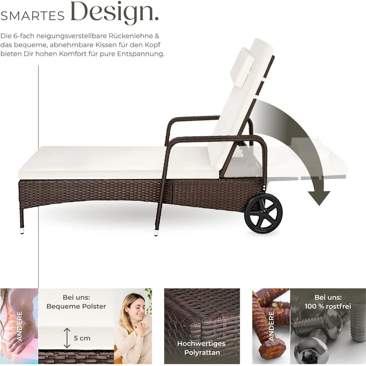 tectake Poly Rattan Gartenliege mit Rollen, 6-Fach höhenverstellbarer Liegestuhl, bis 120kg belastbar, Sonnenliege Rattan (wetterfest), Liege inkl. Polster und Kissen - braun gemischt – Bild 4