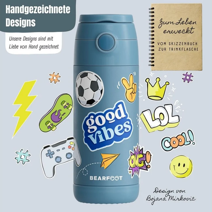 BEARFOOT Trinkflasche Thermo Kinder Trinkflasche Edelstahl - Sticker blau, Thermosflasche, auslaufsicher, Edelstahl, Kinderflasche, BPA-frei – Bild 3
