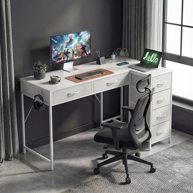 JARDJ Wendbarer Eckschreibtisch mit 6 Schubladen (126 x 48 cm), Steckdose, USB- und USB-C-Ladeanschluss, Weiß – Bild 4