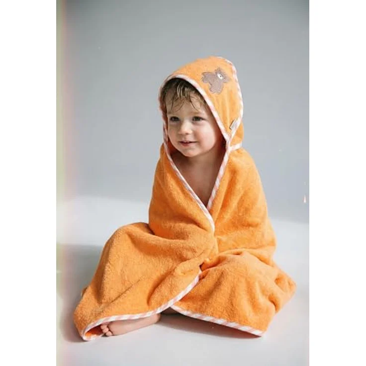 Sterntaler Kapuzenbadetuch Bär Bo, Baby-Badetuch mit Kapuze, saugfähige Baumwolle, süße Applikation, weich und pflegeleicht, 80×80×0,5 cm, leuchtorange – Bild 3