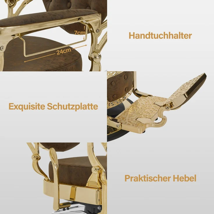 BarberPub Friseurstuhl mit Kopfstütze Kippbar, Friseureinrichtung mit Hydraulikpumpe 360° Drehbar, Höhenverstellbarer Kunstleder, 2933BR-F (Gold-Braun) – Bild 5