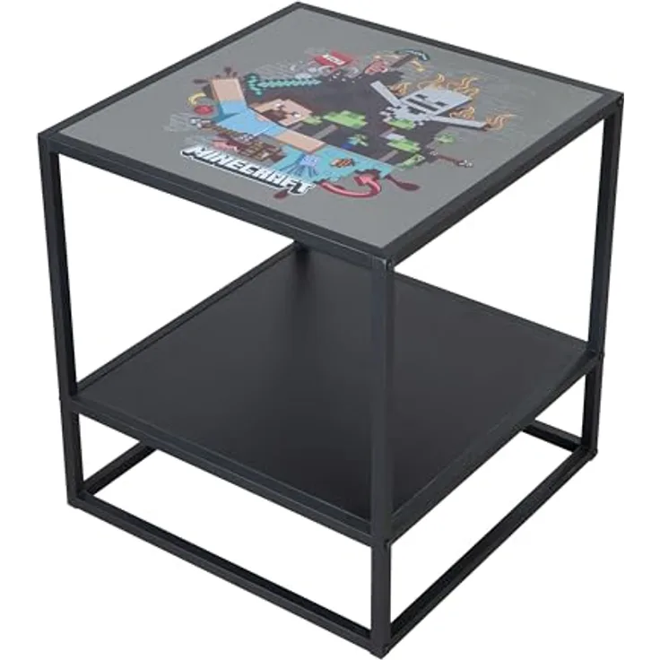 Minecraft Beistelltisch, Schwarz, Metall und Holzwerkstoff, Gaming Design, 45x48x45 cm