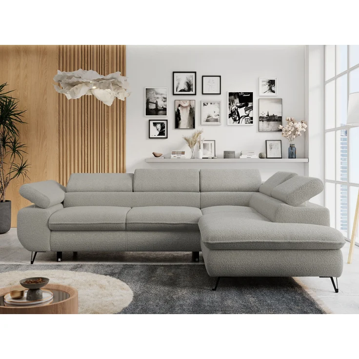 Mks Möbel 'Peter L-form' Ecksofa mit Bettfunktion, Bettkasten & einstellbaren Kopfstützen, Hellgrau, Boucle, mit Topper, rechts – Bild 1