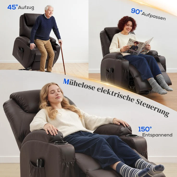 Wohnora-Aufstehsessel, Relaxsessel mit Aufstehhilfe, inkl Fernbedienung, Becherhalter, verstellbare Rückenlehne, Braun,H 1070cm x T 950cm x B 830cm,Bräune – Bild 5