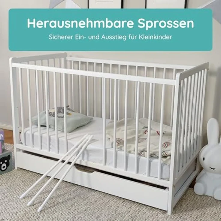 Kids Collective Babybett Kinderbett Gitterbett 60x120 cm Set mit Matratze & Schublade, höhenverstellbarer Lattenrost & abnehmbare Sprossen, weiß, Vollholz – Bild 6