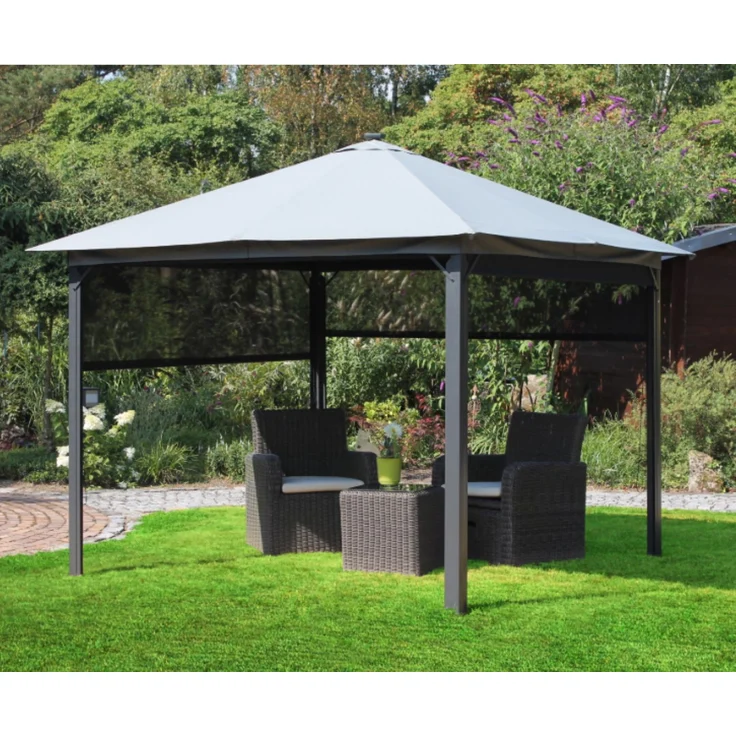 Leco Solar-Pavillon "Zoe" mit LED-Beleuchtung und Gittergewebe-Rollos, lichtgrau, 300 x 300 x 261 cm (L x B x H) – Bild 4