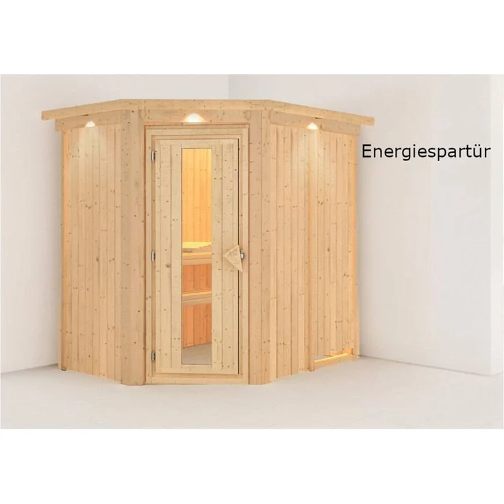 Karibu Sauna Carin mit Dachkranz + 9kW Saunaofen mit integrierter Steuerung Klarglas Ganzglastür – Bild 4