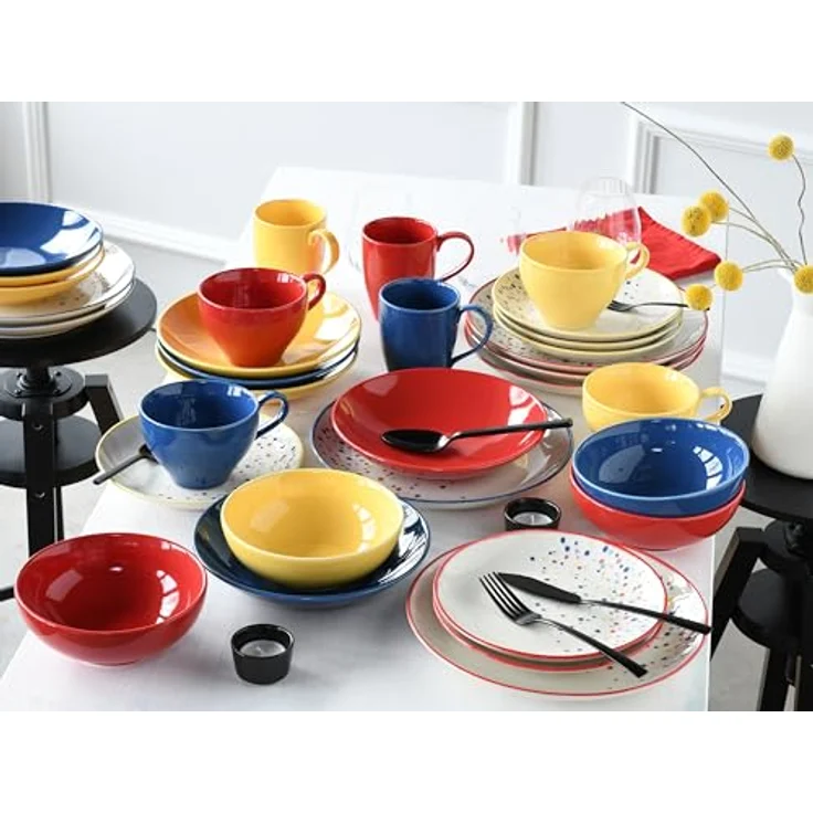 Creatable Kombiservice Joy, 16-teiliges Geschirrset in Blau-bunt und Creme, handbemalt, lebensmittelecht, stapelbar, mit Punkten, 300 ml und 400 ml Füllmenge – Bild 4