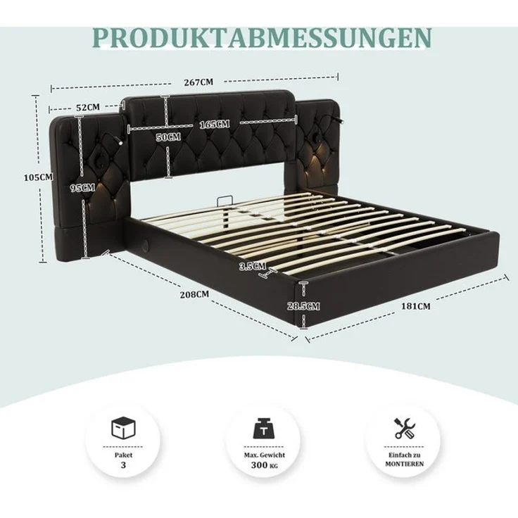 LVHOM Boxspringbett 160x200cm/180x200cm Bettgestell, Samt/PU, diamantgeprägtem Knopf-Design (Kunstlederbett, gepolsterter stabiler Metallrahmenkonstruktion mit flexiblen Nachttischlampe, USB-Ladeanschlüssen, Bettkasten, hydraulischem Stauraum-System, f... – Bild 4