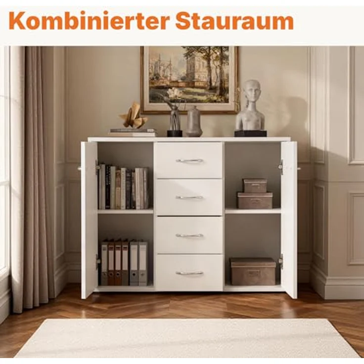 Sweetcrispy Kommode, Weißes Sideboard mit 4 Schubladen & 2 Türen, 88 × 30 × 64 cm, Viel Stauraum für Wohnzimmer, Flur & Schlafzimmer, Moderner Kommodenschrank – Bild 5