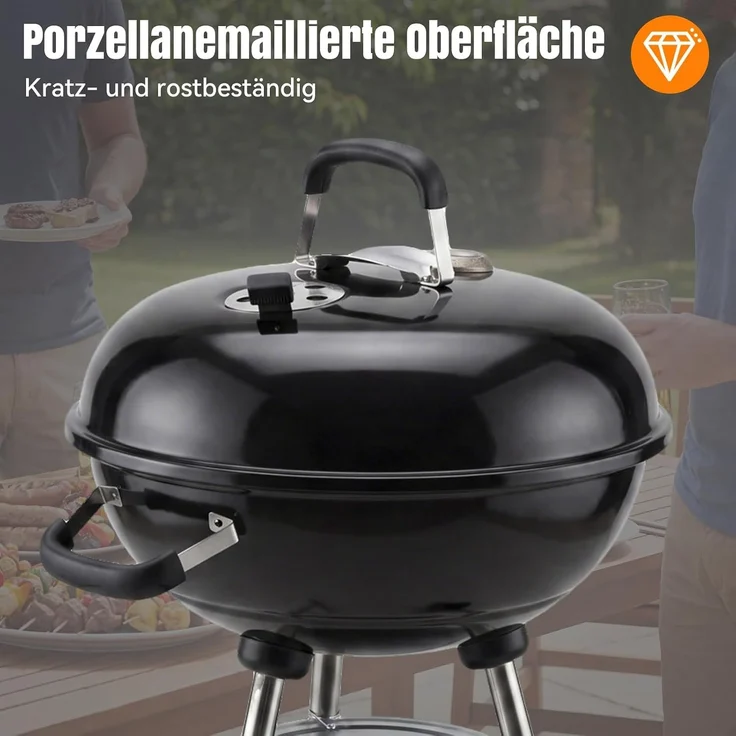 Aoxun Holzkohlegrill, 47cm Kugelgrill mit Thermometer und regulierbarer Luftzufuhr, kratzfeste, emaillierte Grillschale, Ascheauffangbehälter, Rollen und Ablage, für Garten, und Outdoor, schwarz – Bild 3