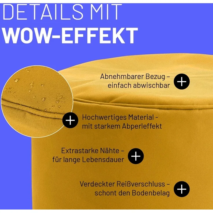 Lumaland Pouf Sitzsack-Hocker Pouf rund Cord 50l senfgelb, supersofte Füllung EPS-Perlen – Bild 4