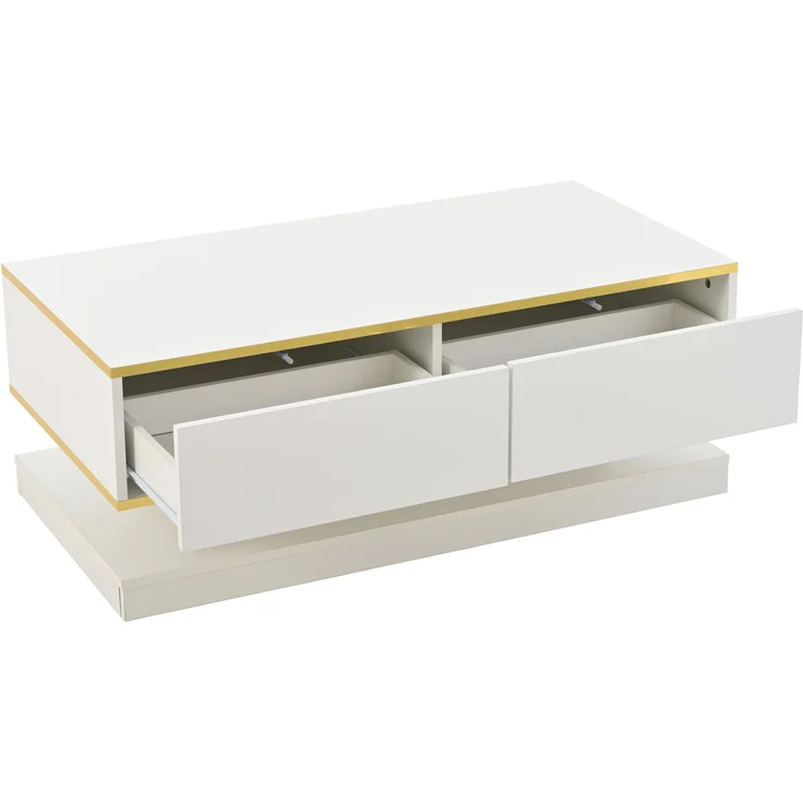 Merax Hochglanz-Couchtisch, Sofatisch mit 2 großen Schubladen, einzigartiger Wohnzimmertisch, warmweiß + goldener Rand kaffeetisch – Bild 8