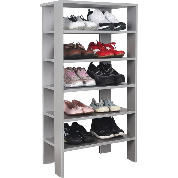 RICOO Schuhregal schmal und hoch 105 x 60 x 32 cm Standregal Pressholz Grau WM041-PL, Schuhständer mit 6 Ebenen, Schuhschrank offen, Schuhablagen Flur Shoe Rack, Standregal klein, Schuhregale