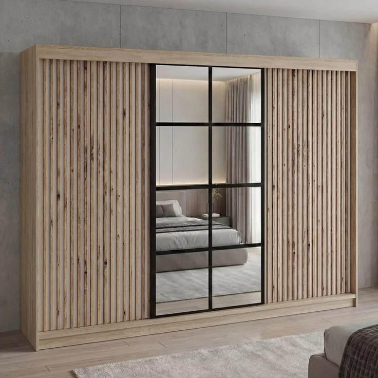 A&J MöbelLand 'NORIVO' Schwebetürenschrank, 200 cm, mit Spiegel und 3D-Lamellen, Sonoma, Lamellen: Weiß, Basic – Bild 2