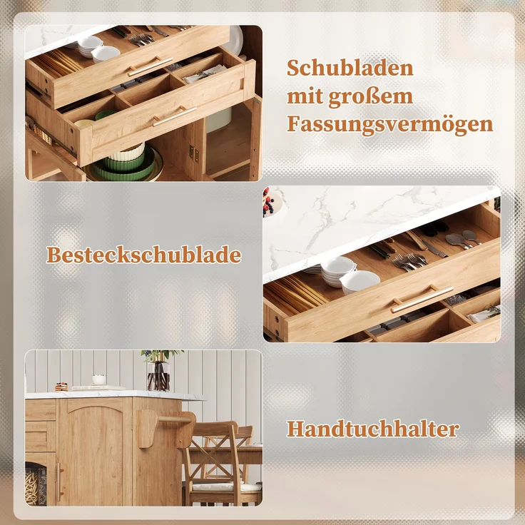 Merax 138cm Mobiler Kücheninsel mit klappbarem Arbeitsbereich, Küchenwagen, 5 Rädern, mehreren Aufbewahrungslösungen, Gewürzregal, Besteckschublade, Natur – Bild 7