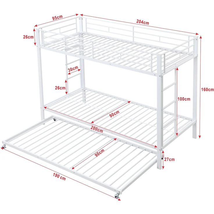 Etagenbett 90x200 cm mit ausziehbarem Rollbett, Metallrahmenbett mit hohem Sicherheitsgeländer, Kinderbett mit Doppelbettfunktion,Weiß – Bild 5
