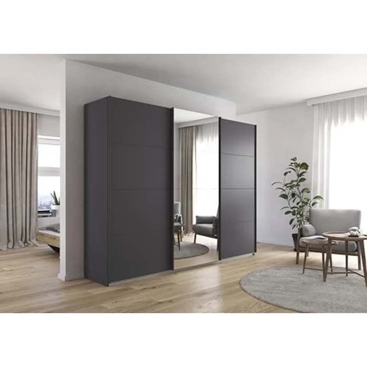 Rauch Möbel Kulmbach, Kleiderschrank mit Schwebetüren für Schlafzimmer, Kinderzimmer, Jugendzimmer, Garderobe, Flur, 3-türig, mit Spiegel, Zubehör Classic, Farbe Grau metallic, Schwarz, Breite 271 cm – Bild 2