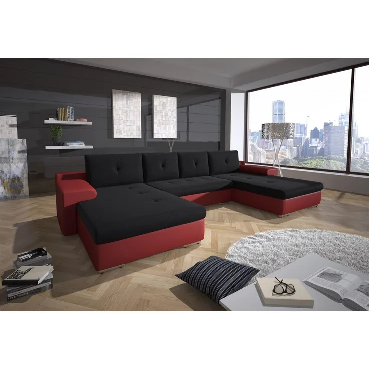Couchgarnitur FLORENZ U-Form mit Schlaffunktion Rot / Schwarz