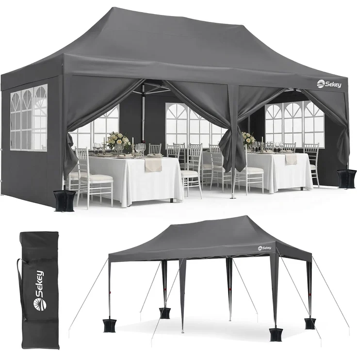 Sekey Faltpavillon 3x6 Wasserdicht Stabil Winterfest mit Seitenwand, Gartenpavillon mit Hoher Spitze, PU1000+ & UV50+, Pop Up Pavillon Partyzelt für Garten/Camping, Event Serie 3x6,Grau