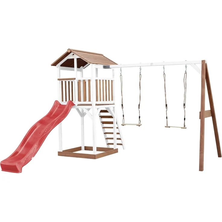 AXI Beach Tower Spielturm aus Holz in Braun & Weiß Spielhaus für Kinder mit roter Rutsche, Doppelschaukel und Sandkasten | Braun, weiß, rot | Holz | 349 cm