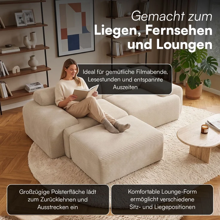 skølm 'Menja' Sofa 2-tlg mit Hocker, 2er Sitz mit 2 Kissen, Cord beige, Vollschaumcouch mit Federkern und Vakuum-Kompression, kein Aufbau erforderlich – Bild 9