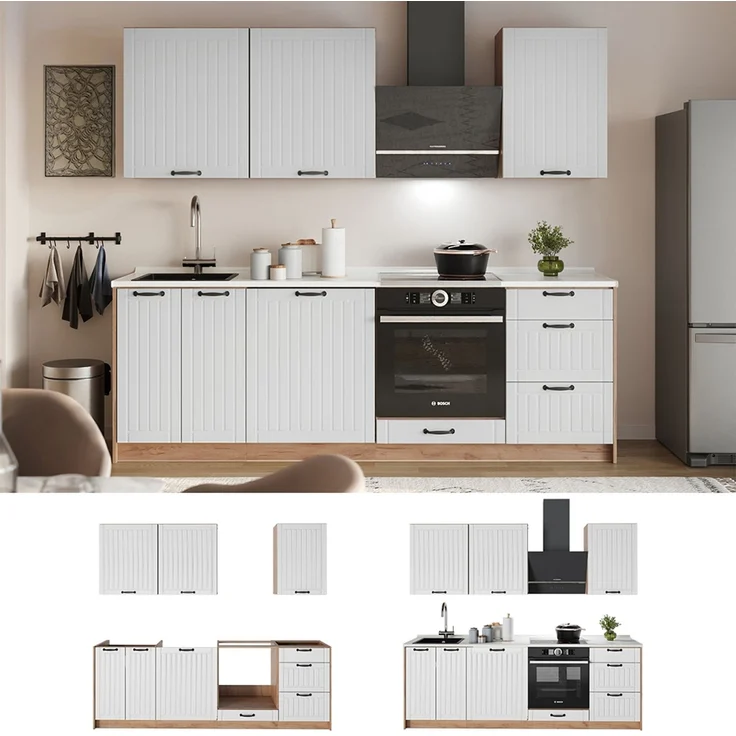 Küchenzeile Fame-Line Weiß Landhaus/Goldkraft Eiche 230 cm, AP Marmor Vicco – Bild 5