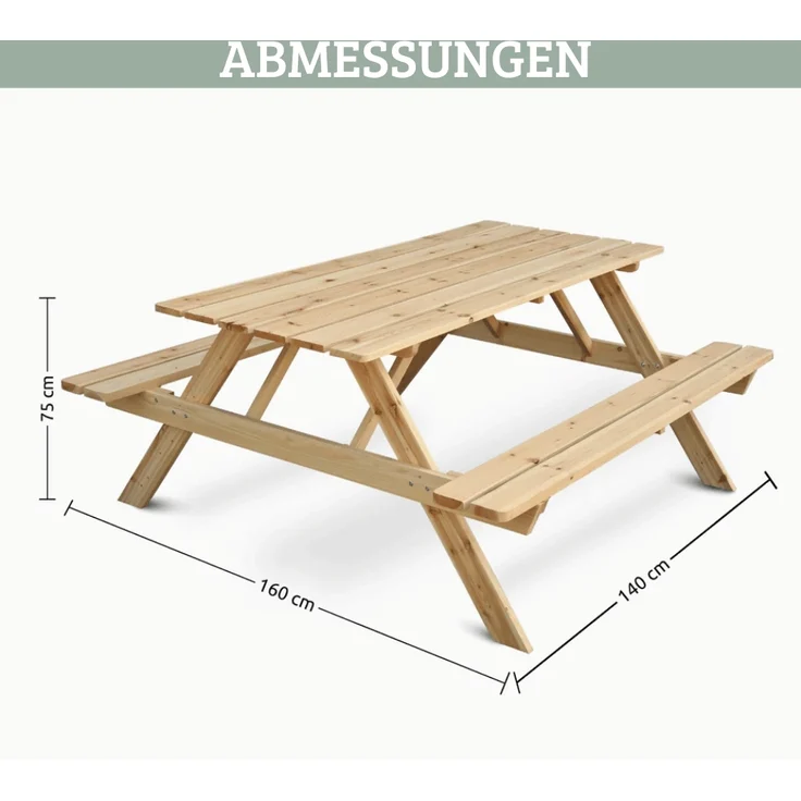 Outdoor Picknicktisch KLEIS - 140cm, Massives Tannenholz, Faltbare Sitze | Picknickbank Sitzgruppe Aussen Bank Sitzbank Gartenbank – Bild 2