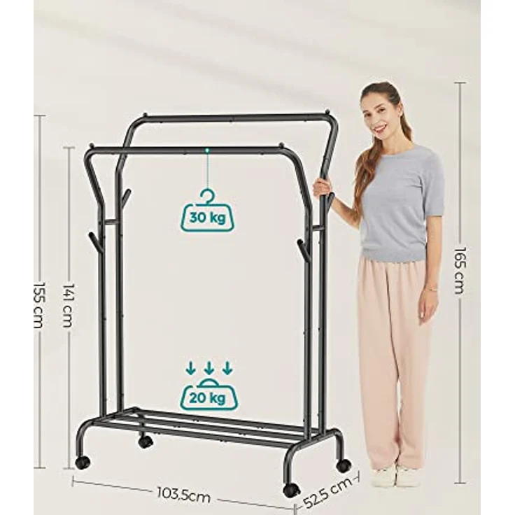 SONGMICS Kleiderständer auf Rollen, 2 Kleiderstangen, Garderobenstange, Garderobenständer aus Stahlrohren, bis 100 kg belastbar, 103,5 cm breit, multifunktionale Aufbewahrung, schwarz HSR107B01 – Bild 6