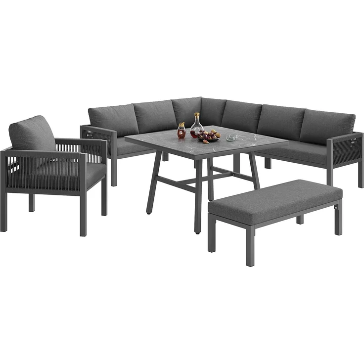 Merax Garten-Lounge-Set, Gartensofa-Garnitur in L-Form für bis zu 8 Personen / Robustes Eisengestell mit grauen Polstern / Komplett mit Tisch (Holzoptik Glas) & 1 Sessel, grau – Bild 9