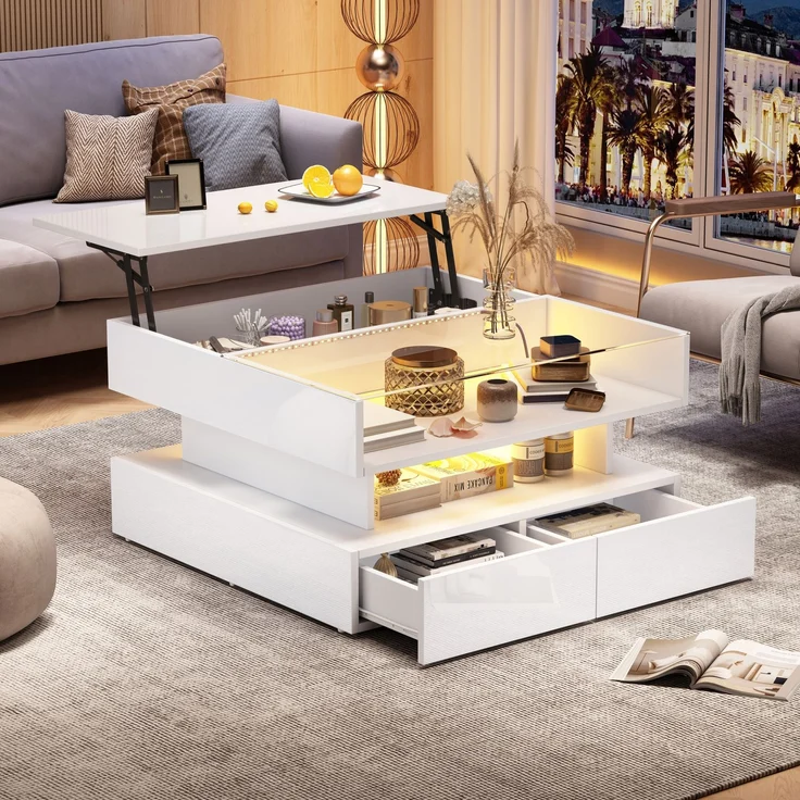 Couchtisch mit hydraulischer Hubfunktion und LED-Beleuchtung, Hochglanz Oberfläche, 2 Schubladen & gehärtetem Glas,Weiß – Bild 6