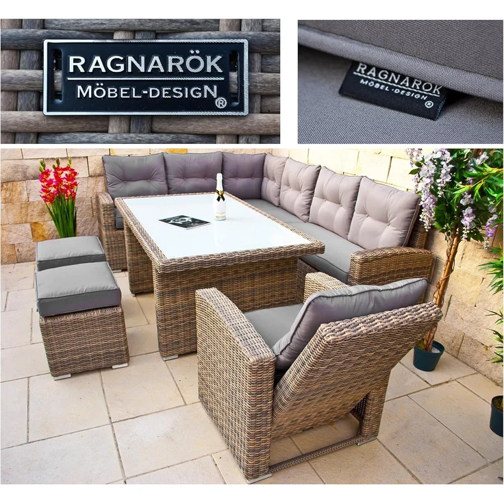 Ragnarök Möbel-Design Gartenlounge-Set Dining Lounge Wieland XL, (Set, 1 Ecklounge, 2x Hocker, 1x Hochlehner Sessel, Alu, Polyrattan), Sitzpolster ca. 16 cm dick – Bild 7