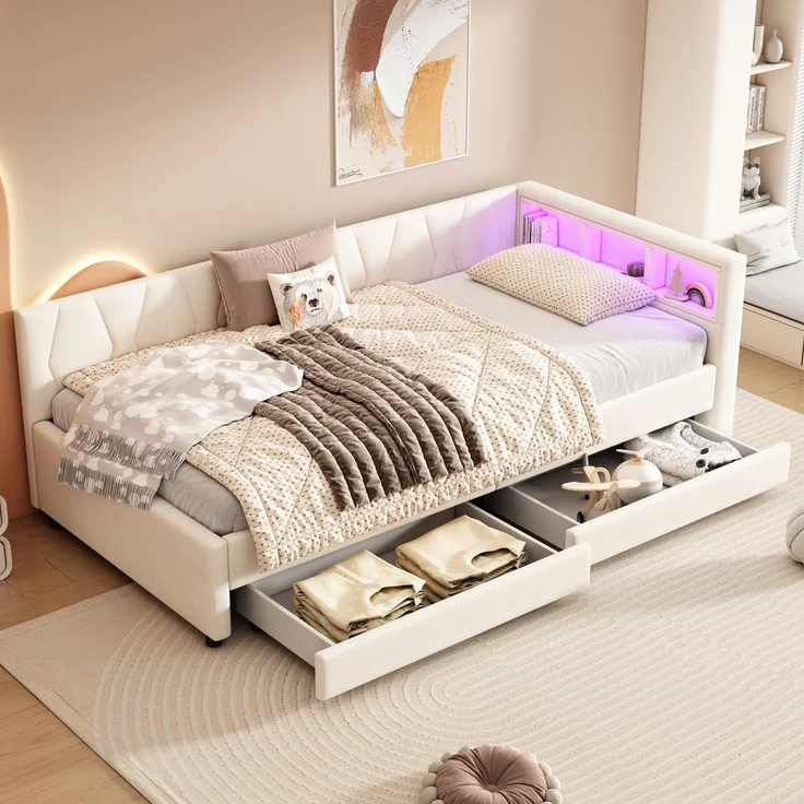 Merax Daybett, 90*200cm, Tagesbett, Schlafsofa, Ablagefach am Bett, USB+Typ C, Fernbedienung für LED-Umgebungslicht, Bett mit zwei Schubladen, Bett mit Lattenrost (ohne Matratze), Leinen, Beige – Bild 1