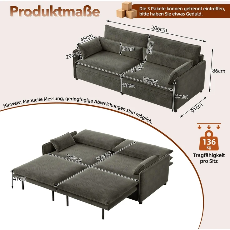 DESVIAE Schlafsofa 3-Sitzer Dunkelgrau aus Chenille – 206x86x91 cm – Bettkasten, verstellbare Rückenlehne – Bild 10