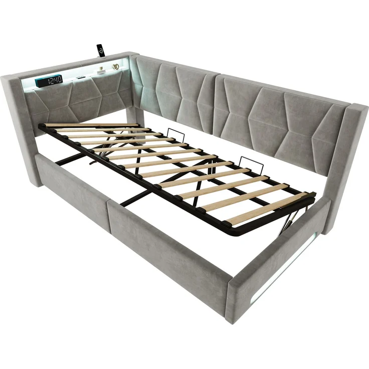 LVHOM Einzelbett 90x200 cm mit Stauraum, Polsterbett mit LED, USB und Type-C, Jugendbett, Hydraulischem Bettgestell, Samt, Grau – Bild 2