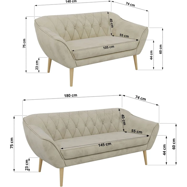 Skandinavisches Sofa Set PIRS 3-2, Komplettset, Wellenfederung, Buche Füße, Sitzgruppe, Polstermöbel Set - Beige Velvet – Bild 5