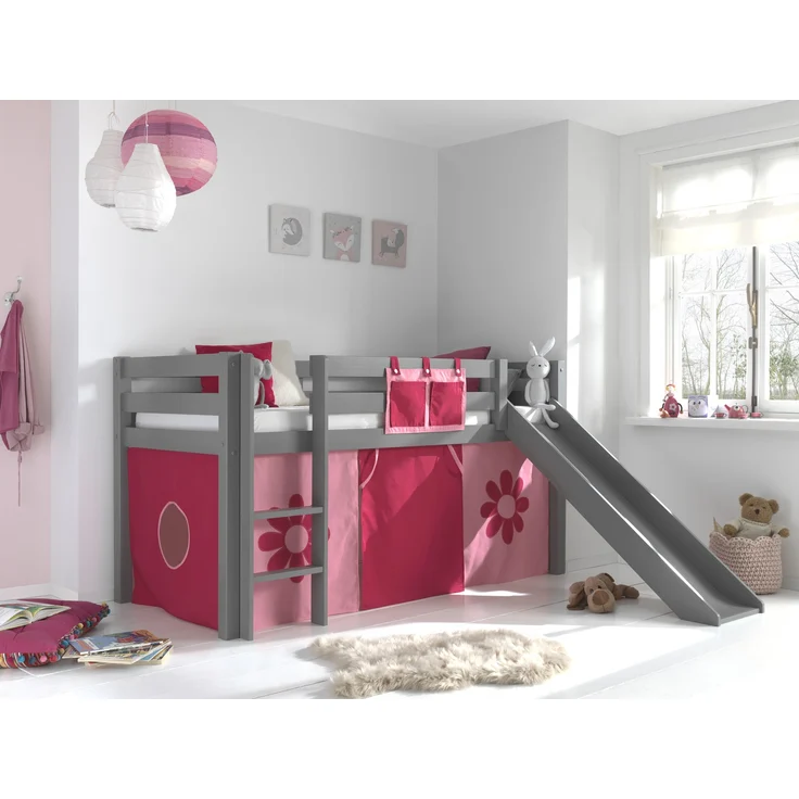 Vipack Spielbett 'Pino' mit Rutsche grau und Textilset 'Pink Flower' – Bild 2