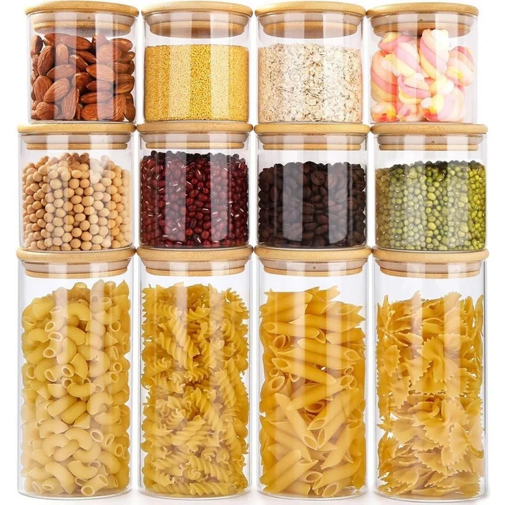 Simloveve Vorratsglas Vorratsgläser mit Deckel, 12er Set Vorratsdosen Glas, (12-tlg), mit Bambusdeckel, für Kaffeebohnen, Nüsse, Nudeln & Pasta – Bild 1