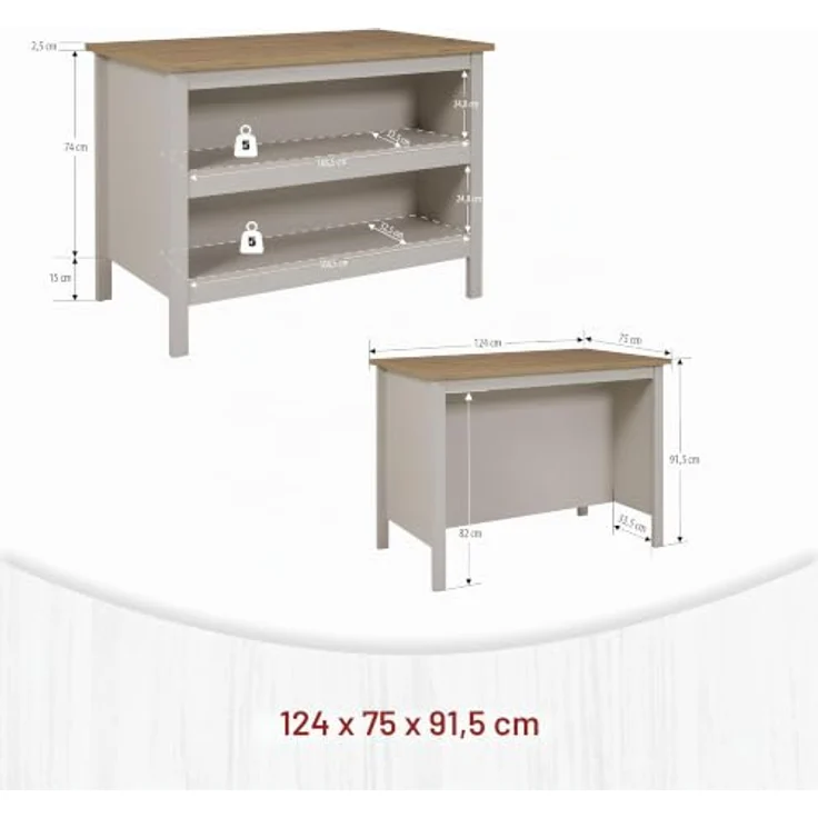 Inter Link - Kücheninsel - Mittelinsel - Arbeitsplatte - Küchenschrank mit Regalen - Melaminbeschichtet - Länge 124cm - Höhe 91,5 cm - Tiefe 75 cm - Emmilia - Cashmere Eiche Artisan – Bild 3