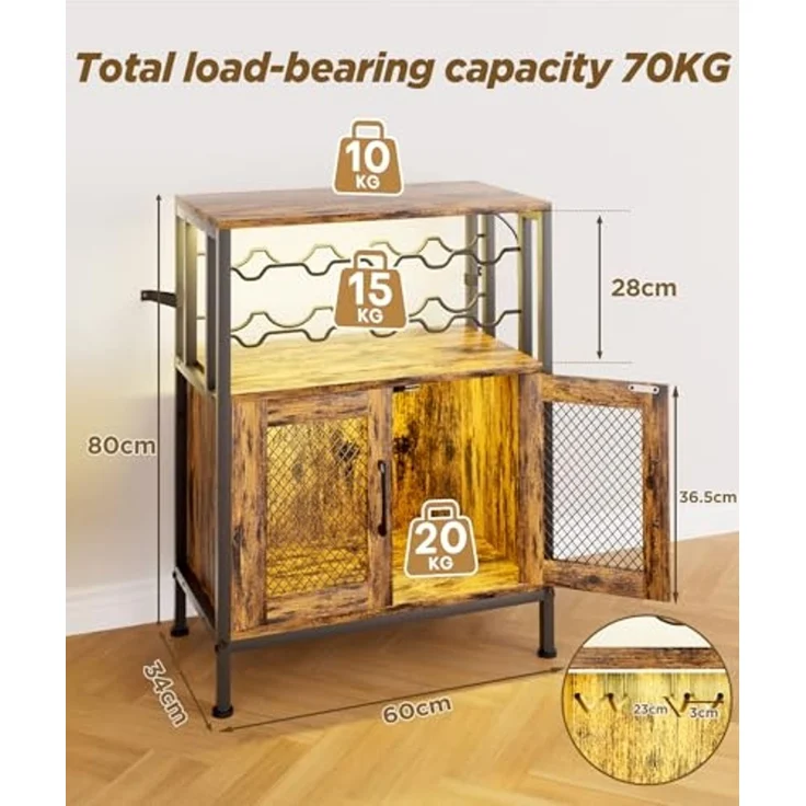 Yorbay Weinschrank Vintage mit LED Beleuchtung, Abnehmbares Weinregal für 10 Flaschen (6 Gläser Halter, Küchenschrank Sideboard 60x24x80cm) Weinständer für Küche & Esszimmer – Bild 3
