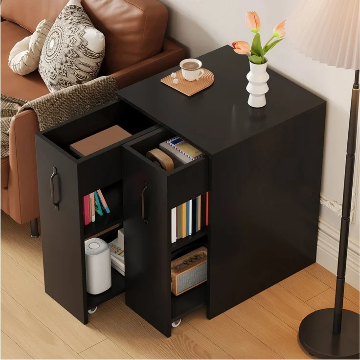 Celya Aktenschrank Aktenschrank auf Rollen 52x50x75 cm, mit Fächern und Schubladen (Sofa-Beistellschrank, Nachttisch, Einzelschrank voll ausziehbar, mit Absturzsicherung) Aktenschrank aus Holz, links-rechts tauschbar,Schwarz – Bild 1