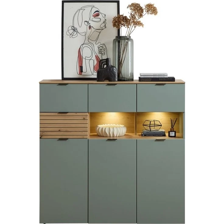 Stella Trading INA Highboard in Schilfgrün, Artisan Eiche Optik FSC-Zertifiziert - Moderner Wohnzimmerschrank mit Schubladen und LED-Beleuchtung - 125 x 125 x 45 cm (B/H/T) – Bild 4