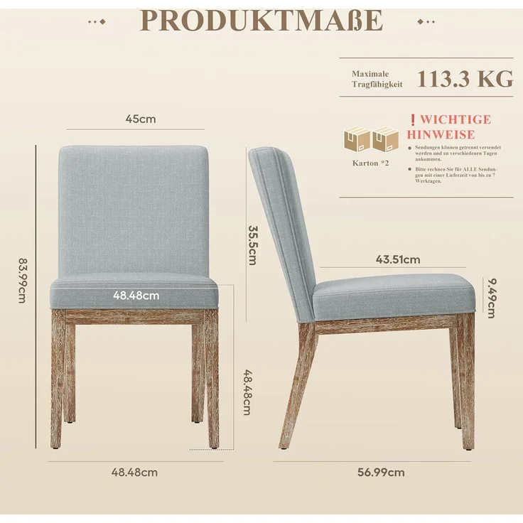COLAMY Esszimmerstühle 4er Set, Moderne Esszimmerstühle mit Stoffbezug, Küchenstühle im Landhausstil für Restaurant und Wohnzimmer, Grau – Bild 2