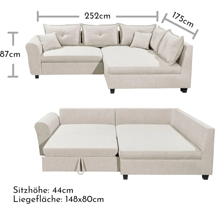 Stella Trading Liz Ecksofa mit Schlaffunktion in Ivory - Modernes Schlafsofa in L-Form für Ihr Wohnzimmer - 252 x 87 x 175 cm (B/H/T) – Bild 3