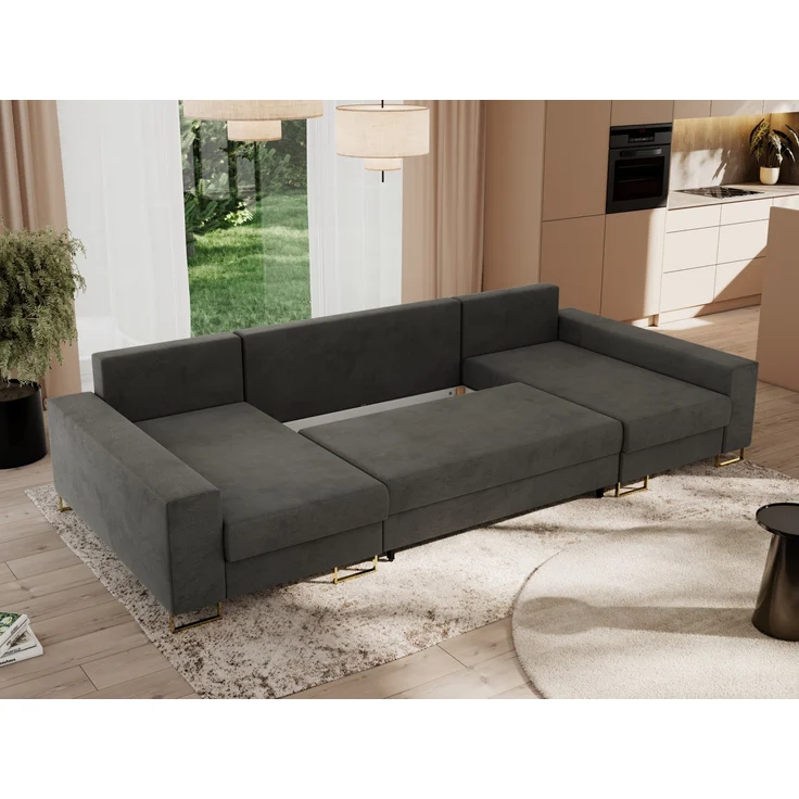 U-förmiges Ecksofa auf goldenen Metallbeinen, mit Schlaffunktion und drei Bettkästen für das Wohnzimmer - DORIAN U - Dunkelgrau Velours – Bild 4