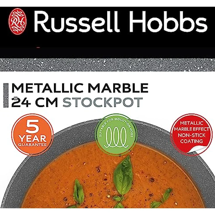 Russell Hobbs RH02809EU7 Metallic Marble Topf - Antihaft-Auflauftopf, 24 cm/2 L, Suppentopf, Deckel aus gehärtetem Glas mit Dampfbelüftung, geeignet für Induktionskochfeld, weiche Griffe, leicht – Bild 3