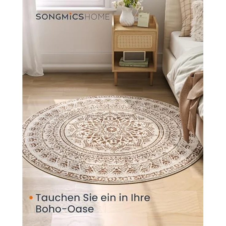 SONGMICS Teppich rund, Outdoor Teppich, Boho, 120 cm d, waschbar, rutschfest, Floral Vintage, für Wohnzimmer, Esszimmer, Schlafzimmer, Optik, Garten, Terrasse, Balkon,cappuccinobeige TAR051K01 – Bild 7