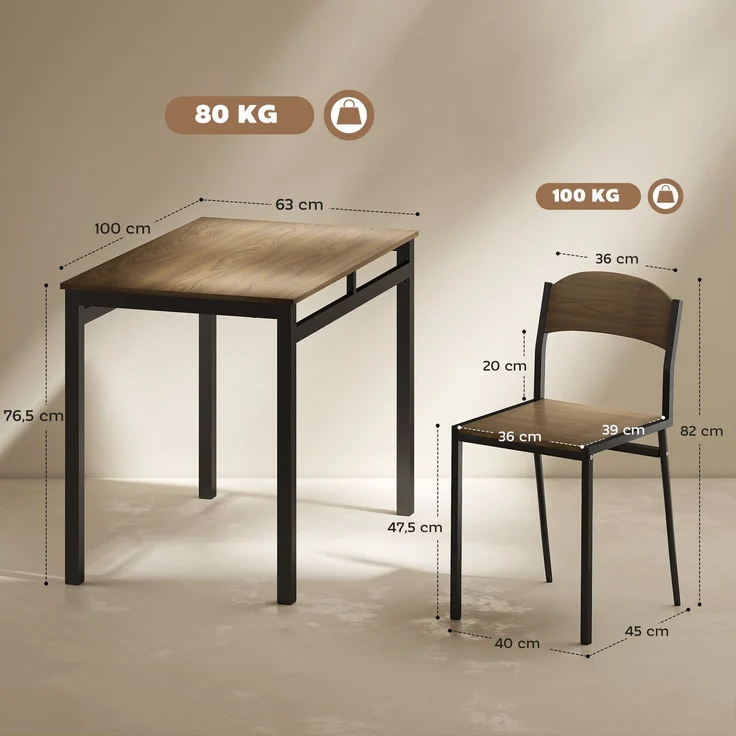MELAYR, Esstisch und 4 Stühle für 4 Personen, Moderner Stil mit Metallstruktur, 100 x 63 x 76,5 cm, Dunkelbraun+Schwarz – Bild 5