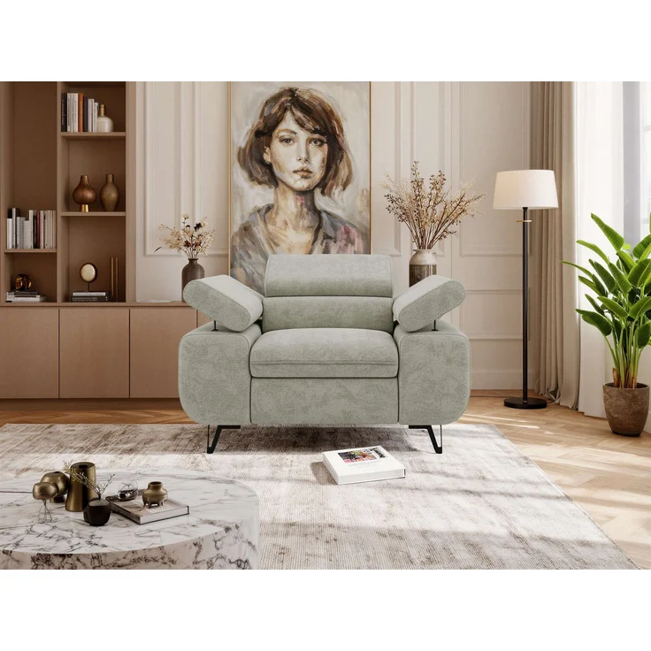 Einzelsessel, Polstersessel PETER mit verstellbaren Armlehnen und Kopfstütze, 1-Sitzer Sofa, Ohrensessel, Wellenfeder - Hellgrau Stukture – Bild 4