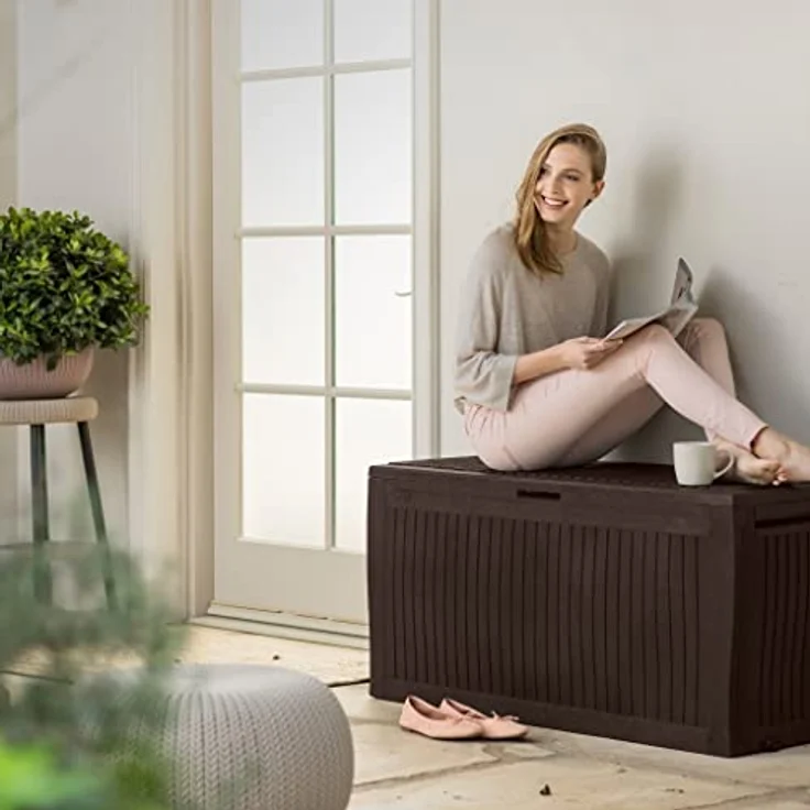 Curver Keter Comfy Gartenbox, Auflagenbox und Sitzmöglichkeit, 270L, braun, wetterbeständig – Bild 6